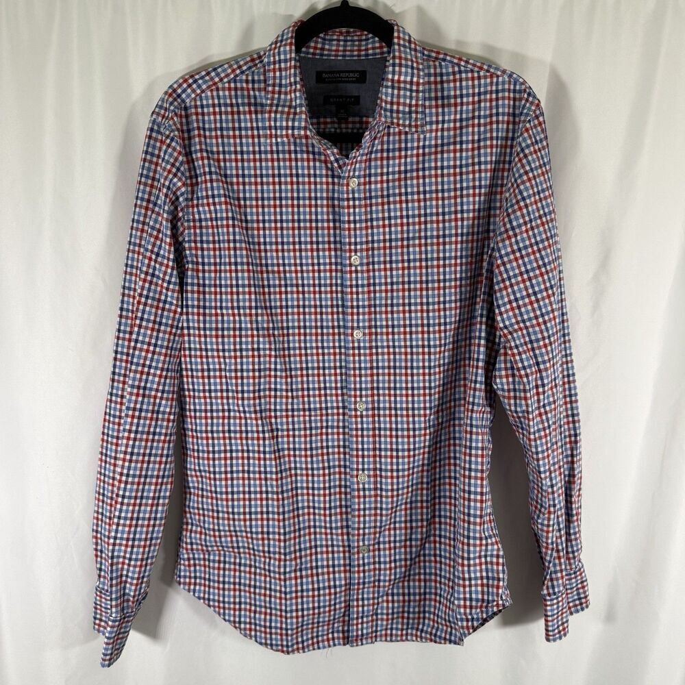 Banana Republic Grant Fit Shirt Mens Medium Red Blue Plaid Button Up Long Sleeve